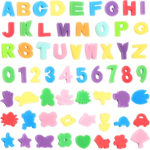 SOFPLATE 60 kit de Tampons Éponges à Lettres et à Peinture Assortiment de Couleurs Alphabet Chiffres Petits Tampons en Mousse de Forme Mixte pour Bricolage Artisanat Modèles d'apprentissage Activités