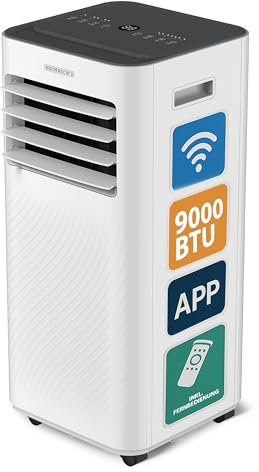 Heinrich´s Klimaanlage, 9000 BTU, Mobiles Klimagerät inkl. Abluftschlauch, 4in1 Kühlen/Heizen/Entfeuchten/Lüften, Fernbedienung + WiFi Steuerung, Räume bis zu 36m2, inkl. 24h-Timer, Schlafmodus