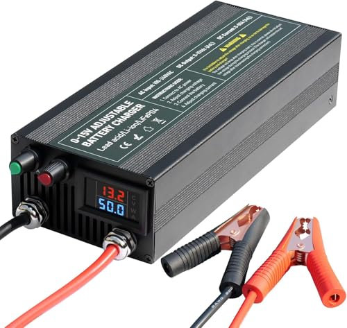 14.6V 60A Smart LiFePO4 Battery Charger, 0-15V/0-60A Adjustable, Fast Charging 12V with Trickle Charge for Car, Motorcycle, Boat, Marine Batteries