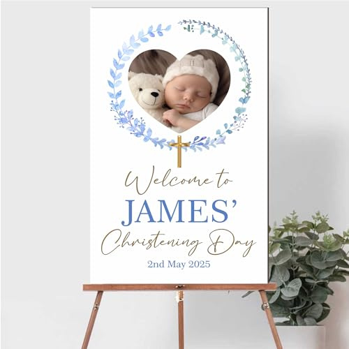Personalised Photo Christening, Communion, Confirmation Welcome Board – Custom Child’s Picture, Name & Date, Floral and Wreath Photo Prop Board (Blue Wreath, Christening Day)