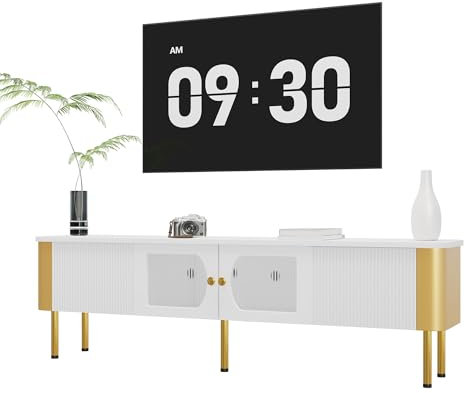LERFAN Mobile TV con cassetti e pannelli per porte, maniglie e gambe dorate, a forma di arco, 170 x 34 x 50 (larghezza x profondità x altezza) cm, colore: bianco