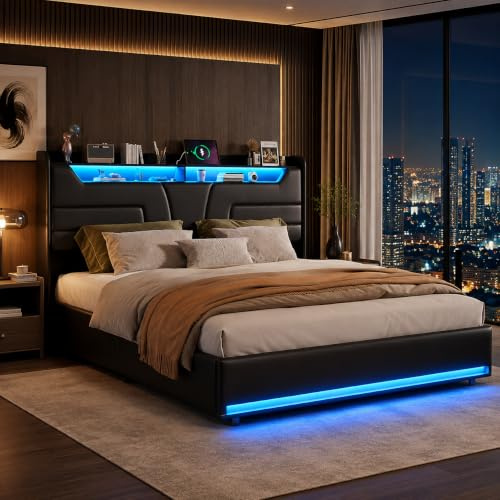 CXHLXYR Bett 140 x 200 cm mit Lattenrost LED und USB, gepolstertes Doppelbett mit Stauraum und Kopfteil, hydraulisch, gepolstert, 140 x 200 cm, Doppelbett, schwarz, ohne Matratze (Schwarz, 140 x 200