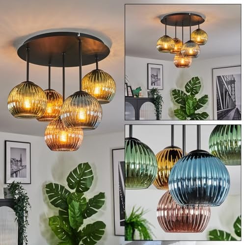 HOFSTEIN Deckenleuchte Koyoto, 5-flammige Deckenlampe aus Metall/Riffelglas in Schwarz/Blau/Grün/Kupfer/Gold, moderne Retro/Vintage-Leuchte (Schirme Ø 15 cm), E14, Esszimmer, Wohnzimmer, Schlafzimmer