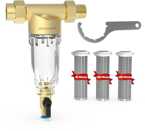 MewMore GFC40 Garden Hose Filter with 3/4 GHT Connector, 40 & 100 & 200 Micron Reusable Spin Down Sediment Water Filter, Inline Sediment Filter for RV Camping Pressure Wahser Car Wash Water Hose