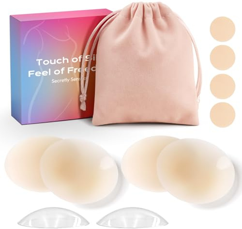 2 Paires Cache-Tétons Femme Invisibles, Nipple Cover Imperméable Réutilisable, Soutien Gorge Adhésif avec Pochette de Rangement Beige