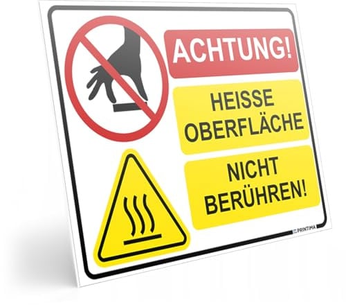 PRINTIMA Warnschild Achtung! Heiße Oberfläche – Nicht berühren! 40x30cm – Hitzewarnung aus wetterfestem PVC inkl. Montagedübel – Sicherheitskennzeichnung für Maschinen, Anlagen & Geräte