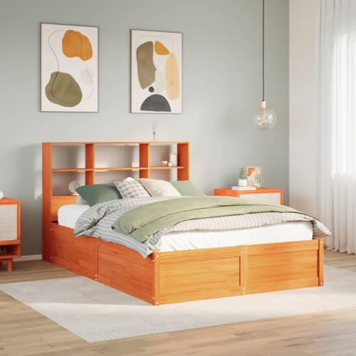 QZZCED Bettgestell aus Massivholz, Braun, 135 x 190 cm, mit Kopfteil und 6 Regalen, robustes Bettgestell mit Holzlatten für platzsparende Aufbewahrung