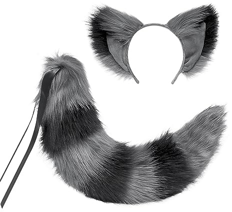JIAHG Halloween Cosplay Kostüm Fuchs Ohren und Schwanz Set Katze Wolf Waschbär Ohren und Schwanz Set Tier Pelzschwanz Ohren Stirnband Halloween Weihnachten Rollenspiel