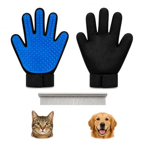 2 Guantes Quitapelos Mascotas para Gato y Perro + Peine de Acero Inoxidable | Guante Pelo Gato y Guante Pelo Perro | Guantes Manopla Quita Pelo para Perros y Gatos | Higiene y Limpieza (AZUL)