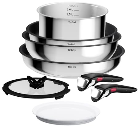 Tefal Ingenio Comfort Max - Juego de 4 Piezas + 4 Acc, Acero inoxidable | 2 Sartenes de 24/28 cm + Wok de 26 cm + Cazo de 20 cm + 4 Acc, Antiadherente, Thermo-Signal, Apto inducción y horno