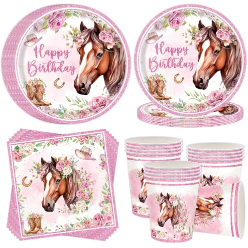 Cheukka Pferd Partygeschirr für 16 Gäste,52 Stück Pferde Party Pappteller Set,Rosa Pferd Partygeschirr Deko,Pferde Geburtstag Pappteller Servietten Becher geschirr für Junge Mädchen Kindergeburtstag