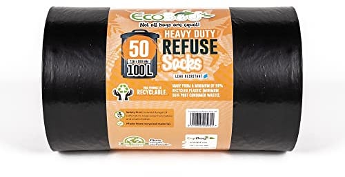 Eco Bag 50 Heavy Duty Bin Liner Refuse Sacks - 100L Black, 736mm x 990mm, 48