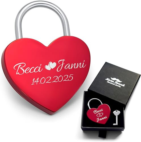 Mister Boncuk - HERZi - Personalisiert Herzschloss mit Gravur inkl. Schlüssel – romantisches Liebesschloss zum Valentinstag mit Wunschtext - Partner Geschenke - Jahrestag Geschenk - Pärchen Geschenke
