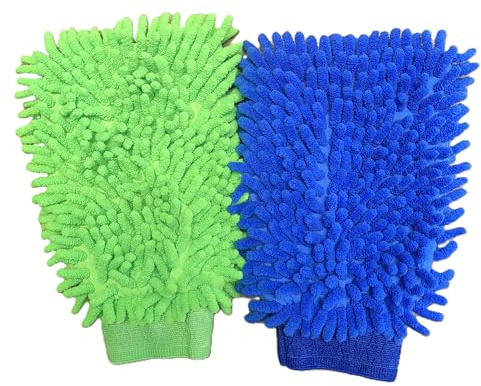 Besmelody House Cleaning and Car Wash Mitts, Home Dusting Microfiber Gloves, Washing Clean Polish Faster (2-Pack, Green/Blue)