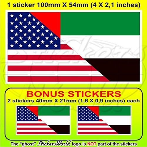 USA United States of America & UAE Dubai, Abu Dhabi, Amerikanische Vereinigte Arabische Emirate Flagge, 10,2 cm (4 Zoll), Vinyl Stoßstangenaufkleber, Aufkleber x1 + 2 Bonus