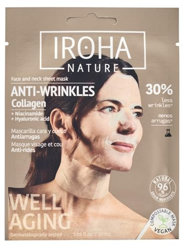Iroha Nature - Mascarilla Facial y Cuello Tisú Antiedad con Colágeno | Reafirma y Previene Arrugas y Líneas de Expresión | Resultados en 15 Minutos | 96% Ingredientes Naturales | Ideal Pieles Maduras