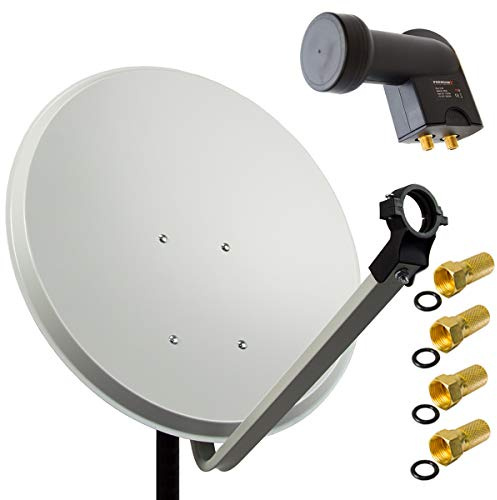 PremiumX Satelliten-Komplettanlage 60cm Satellitenschüssel Stahl Hellgrau Satellitenantenne SAT Twin LNB 4X F-Stecker 2 Teilnehmer