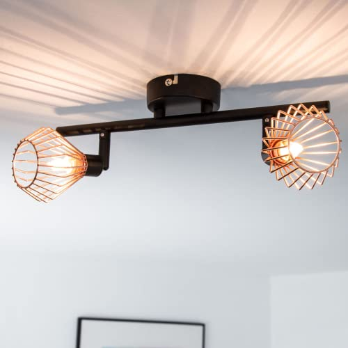 Lightbox LED Deckenstrahler 2 flammig - Deckenspot mit stilvollen Draht-Schirmen und schwenkbaren Köpfen - Metall Schwarz/Kupfer