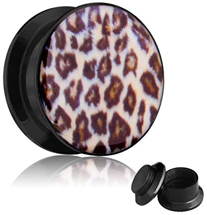 Treuheld® | Motiv Ohr Plug Leopard - LEO Muster - 22 Größen: 3mm - 40mm - mit Gewinde zum Schrauben - Double Flare - Piercing Box Flesh Tunnel Plug aus schwarzem Kunststoff/Acryl - braun gelb