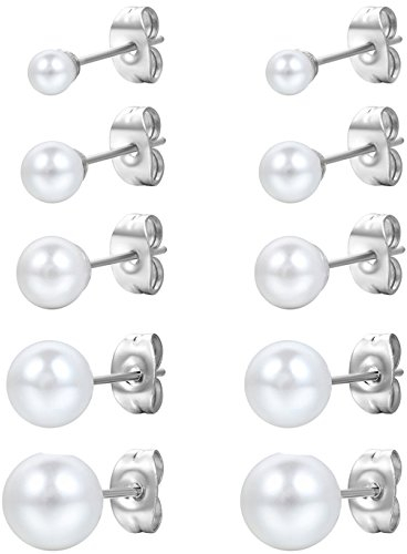 Flongo Damen Perlen Ohrringe Ohrstecker 4~8mm 10 Stück Edelstahl Gestüt Stecker Ohrringe Ohrstecker Ohrhänger Silber Weiss Kugel Perle Perlen Charm Charme Elegant Set (5 Paar) Damen