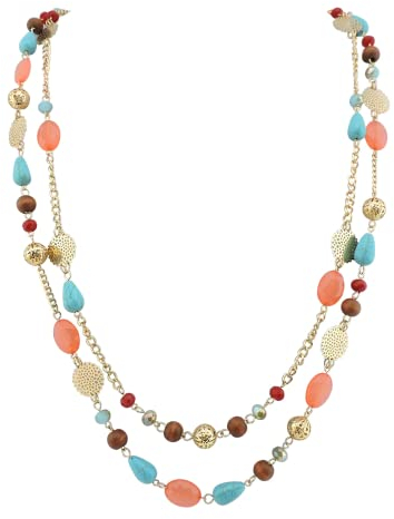 Bocar 14K placcato oro catena di collegamento 2 strati di cristallo legno acrilico colorato donne partito lungo collana regalo (NK-10084-coral)