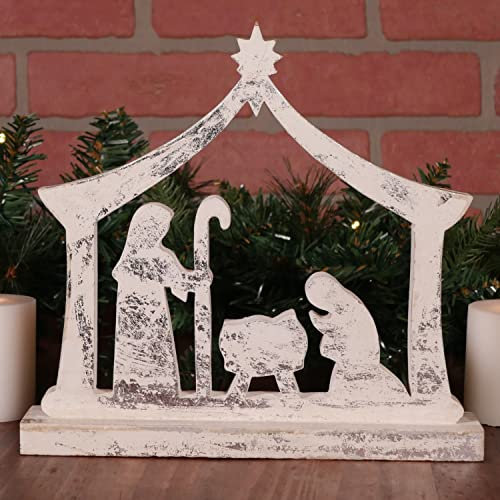 One Holiday Way 25,4 cm Silber weiß gekalktes Holz Heilige Familie Krippe Krippe Krippe Szene Regal Sitter – Dekorativer Jesus Christus kleine Weihnachten Indoor Modern Einfache Tischplatte Holz