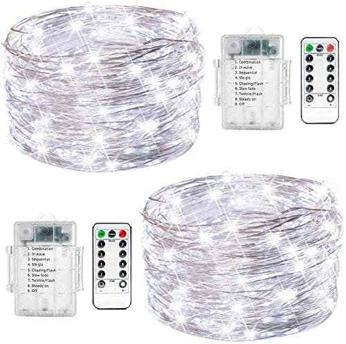 FANSIR Fairy String Lights, 2 Set 33ft 100 Led Fairy Lights Battery Operated Silver Wire Light with Remote Control, 8 Mode Waterproof Lights for Garden Bedroom Centerpiece Wedding Party (Cool White)