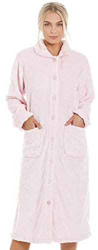 Camille Women's Super Soft Fleece Housecoat -Diamond Print Button Up Bathrobe - Long Sleeved and Side Pockets for Ultimate Comfort & Warmth Pink 14-16