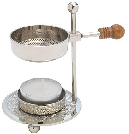 MaMeMi Qualitäts-RÄUCHERSTÖVCHEN vernickelt, Silber [Handarbeit, verstellbare Höhe 11 cm] Mit Holzgriff und Holz-Fundament Verstellbarer Weihrauchbrenner zum sanften Räuchern mit Teelicht