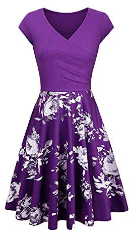 YMING Femme Col en V Robe à Manches Courtes Robe De Cocktail Sexy Fleur/Violet L