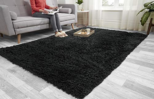 Super Soft FLUFFY Shaggy Rug Anti-Slip Carpet Mat Living Room Large Area Rugs Modern Floor Bedroom Extra Large Size Non Shedding (Black, 60cm x 110cm (2ft x 3.6ft))