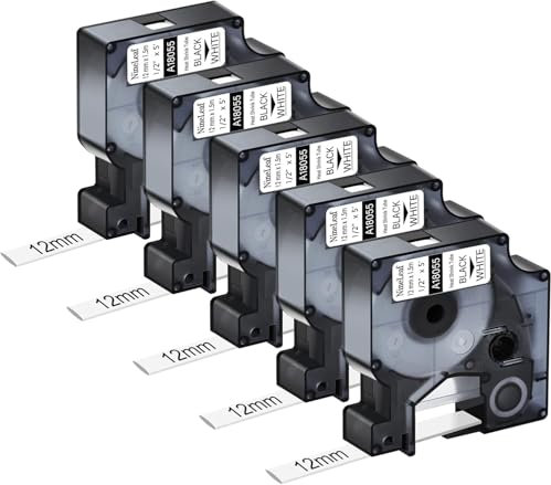 NineLeaf Industrielle Schrumpfschläuche, kompatibel mit DYMO 18055, 12 cm (1/2 Zoll), für DYMO Rhino 4200 5200 1000 5000 6000, industrielle Etikettenhersteller, 12 mm x 1,5 m, Schwarz auf Weiß