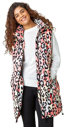 Roman Originals Quilted Gilet with Hood for Women UK Ladies Sleeveless Coat Hooded Jacket Padded Bodywarmer Winter Lightweight Warm Autumn Funnel Neck Longline Soft Bubbly - Coral - Size 12
