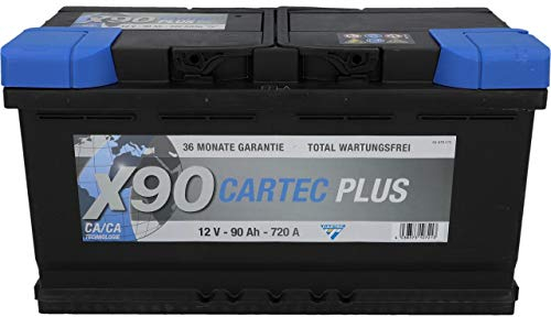 CARTREC PLUS Starterbatterie 90 Ah / 720 A, Calcium-Technologie, Autobatterie, wartungsfrei, langlebig, hohe Korrosionsfestigkeit, schwarz