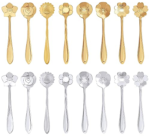 Ensemble de CuillèRes à Fleurs, Lot de 16 Cuillères à Dessert Cuillères à Café Cuillères à Thé en Acier Inoxydable, Vaisselle Créative pour Gâteau, Sucre, Crème Glacée et Confiture (12,5 cm)
