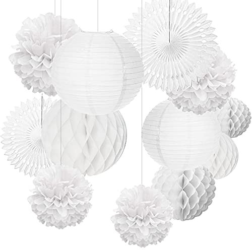 12 Pieces Hanging Paper Fans, Paper Pom Poms Decorations Set White, Flower Honeycomb Balls Garlands Polka Dot for Christmas Wedding Celebrationm Birthday Party Baby Shower Party