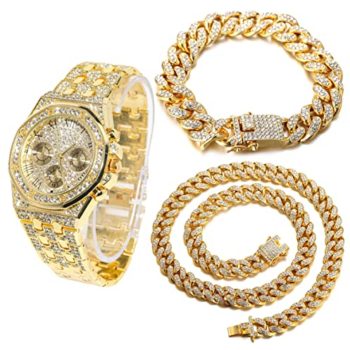 Halukakah Diamant Golduhr, Herren 18K Echt Vergoldet 40MM Breite Römische Zahlen Wählen Quarz Armband 22cm mit Kubanischer Link Kette 20+45cm Halskette Armband Set, mit Geschenkbox