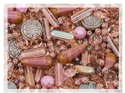 2.1oz (60 g) Mix of Unique Czech Bohemia Glass Pressed Beads, Dirty Pink Antique, Table Cut, Matte and Glossy, Faceted Fire Polish, Hand Made Set Kit BCV