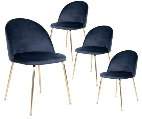 AltoBuy MEYRIN - Lot de 4 Chaises Velours Bleu et Pieds Métal Doré