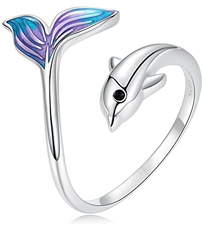 Qings Damen Delphin Meerjungfrauen Schwanz Ring 925 Sterling Silber Verstellbar Offener Fisch Wal Tier Fingerring Geschenk für Mädchen Tochter