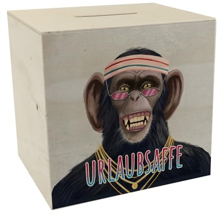 Spardose aus Holz mit lustigem Tier und Text für Urlauber - Urlaubsaffe witziges AFFE Geschenk für Menschen die viel in den Urlaub Fahren und vielleicht sogar auf eine Safari