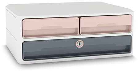 CEP Support d'écran PC ordinateur Module de Rangement 3 Tiroirs avec Serrure verrouillage Réhausseur de moniteur MoovUp Secure Mineral Rose poudré Gris