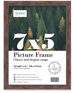 Almost Frameless 7x5 Walnut Picture Frame 7x5(17.7x12.7cm) Poster, Photo, Artwork, or Print. Thin Edge Slim Frame Portrait and Landscape Display with Wall Hooks