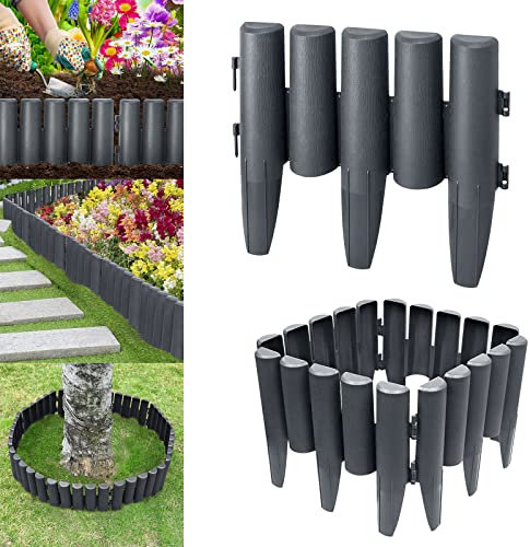 Yznahre 2,8m Rasenkante Gartenpalisade aus Kunststoff, Garden Beeteinfassung Mähkante Beetumrandung Palisade Beetzaun Holzoptik, Anthrazit, 1 Element (L x H): 28 x 24 cm
