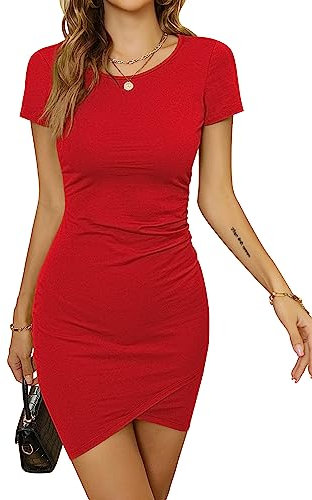 Missufe Robe d'été à manches courtes pour femme - Coupe moulante - Irrégulière - Avec volants, rouge, XL