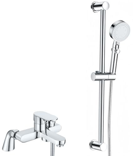 Bath Mixer Taps with Shower Set Modern Bath Taps with Shower Attachment Single Lever Bathtub Tap with Hand Spray Slider Riser Rail Kit, Tub Mixer Tap System for Bathroom, 180mm, Chrome, Brass