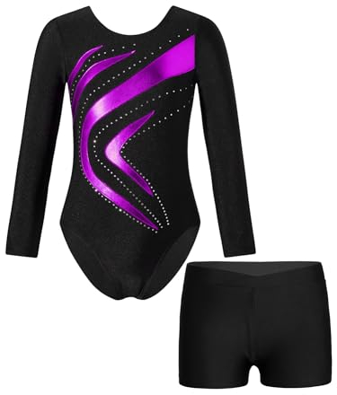 iEFiEL Mädchen Glänzende Turnanzug Langarm Gymnastik Trikotanzug Turnen Set Kinder Klassisch Gymnastikanzug Tanzbody Zb Violett 134-140