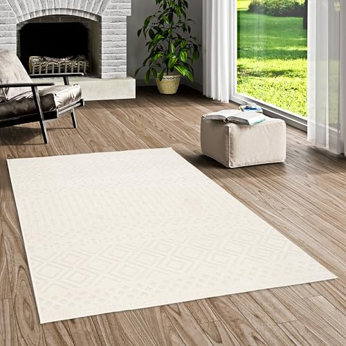 Pergamon Flachgewebe Teppich Sevilla Modern Creme | Pflegeleicht für Wohnzimmer, Schlafzimmer, Esszimmer und Flur | Modern und Flauschig