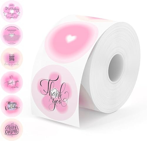MUNBYN 2 Zoll rosa Farbverlauf Thermo-Etiketten, runde bedruckbare Thermo-Aufkleber für kleine Unternehmen, wasserfeste personalisierte Etiketten mit 6 verschiedenen Mustern 750/1 Rolle