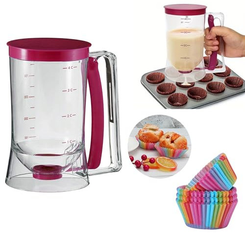 1 Pancake Batter Dispenser & 24 Rainbow Cupcake Cases, Ultra Non Stick -Cake Baking Dispenser for Baking Molds (Batter Dispenser & 24 Cases)